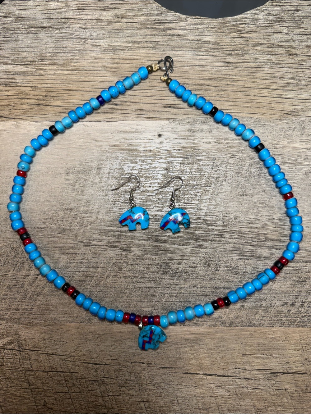 Turquoise Beaded Necklace with Bear Pendant and Matching Earrings